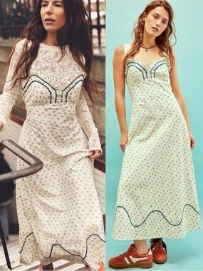 Free People Dainty Western Prairie Sweet Hearts Midi Dress in Ivory Combo Medium